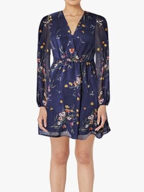CUPSHE Women's Navy Floral Garden Party V-Neck Long-Sleeve Dress — Medium
